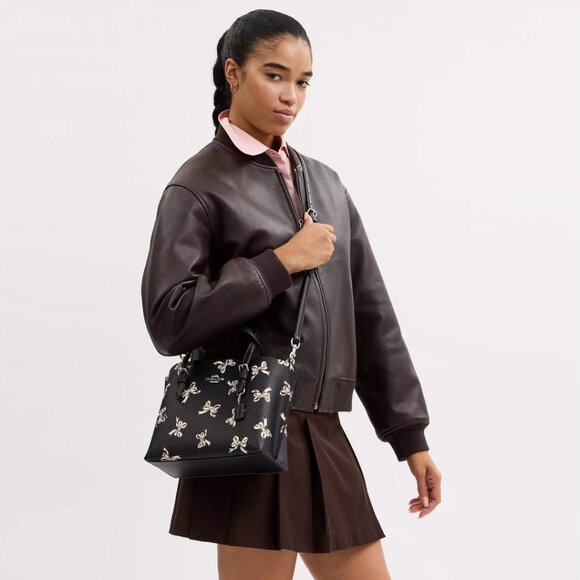 🎁 Coach Mollie Tote Bag 25 With Bow Print Silver/Black Multi - Picture 4 of 8